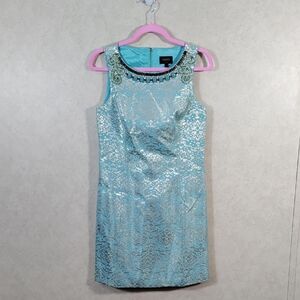 04089 Laundry By Shelli Segal aqua & metallic gold dress w/neck detail 4